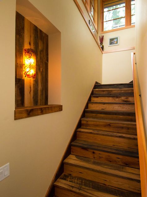 Reclaimed wood staircase Basement Guest Bedroom, Enclosed Staircase, Staircase Design Ideas, Basement Guest Rooms, Small Guest Bedroom, Sea Ranch, Staircase Remodel, Wood Staircase, Attic Spaces