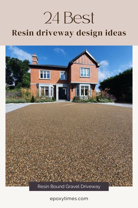 Resin driveways look more modern and distinctive than traditional alternatives, which has contributed to their popularity. It is a mixture of small aggregate stones and resin that has been hardened. Resin driveways provide a surface that is well-drained and it resists frost and has an anti-slip covering. Resin Stone Driveway, Resin Driveways Uk, Resin Front Garden, Vuba Resin Driveway, Resin Driveway Colours, Resin Bonded Driveways, Resin Driveway Ideas Uk, Resin Driveway Ideas, Driveway Makeover