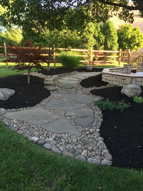 Rock Patio Front Yard, Mulch And Rocks Landscaping Ideas, Mulch Around Patio Ideas, Low Maintenance Walkway, Rockscaping Landscaping Ideas, Mulch And Rock Backyard Ideas, Stacked Stone Landscaping, River Rock And Mulch Landscaping Bed Designs, River Rock And Mulch Landscaping Ideas