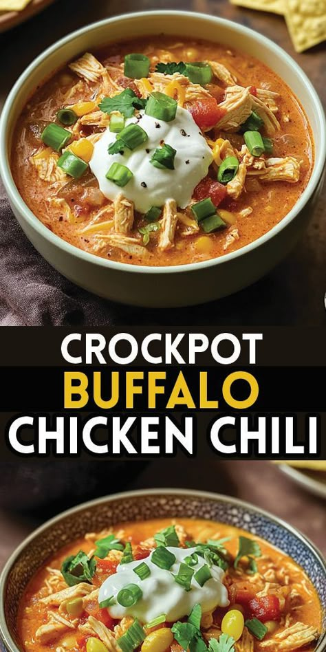 Crockpot Buffalo Chicken Chili Ingredients: 2 (15-ounce) cans beans, drained and rinsed (black beans or kidney beans work well) 2 (14.5-ounce) cans diced tomatoes with garlic 1 onion, diced 1 bell pepper, diced 1/2 cup hot sauce 2 teaspoons chili powder 1 teaspoon garlic powder 1 pound boneless, skinless chicken breasts 1 (8-ounce) package cream cheese, softened 1 cup plain Greek yogurt 1 (1-ounce) packet ranch dressing mix Chopped scallions Tortilla chips (for serving, optional) Crockpot Buffalo Chicken Chilli, Buffalo Crockpot Recipes, Cheesy Chicken Chili Crockpot, Award Winning Buffalo Chicken Chili, Buffalo Chili Crockpot, 5 Ingredient Or Less Crockpot Recipes, Simple White Chicken Chili Crock Pot, Cream Cheese Chicken Chili Crock Pot, Chili Recipe Crockpot Chicken