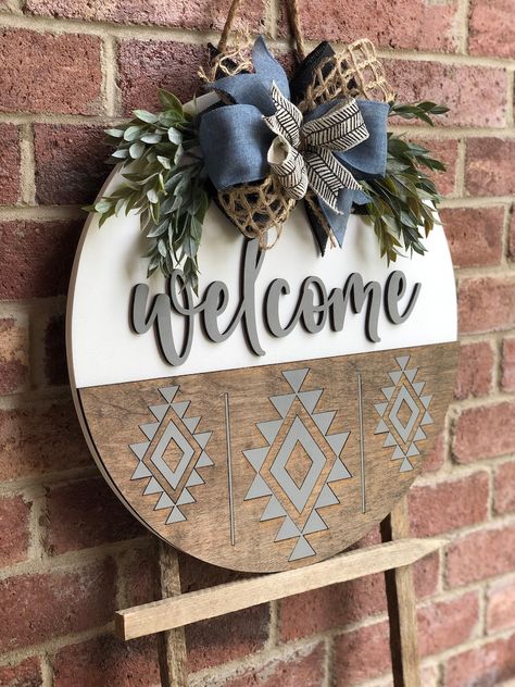 Diy Aztec Boho Decor, Aztec Welcome Sign, Farmhouse Welcome Sign Front Porches, Boho Welcome Sign Front Door, Yellowstone Door Hanger, Aztec Wood Sign, Aztec Door Hanger, Everyday Door Hangers, Rustic Door Hanger