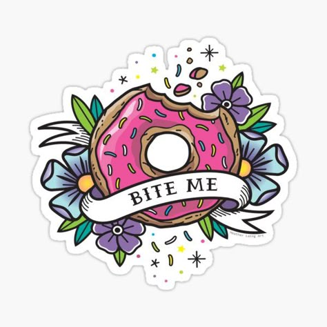 Traditional Donut Tattoo, Tattoo Flash Sheet Girly, Coffee And Donut Tattoo, Dessert Tattoo Ideas, Donut Tattoo Small, Candy Tattoo Ideas, Candy Heart Tattoo, Dessert Tattoo, Homer Donuts