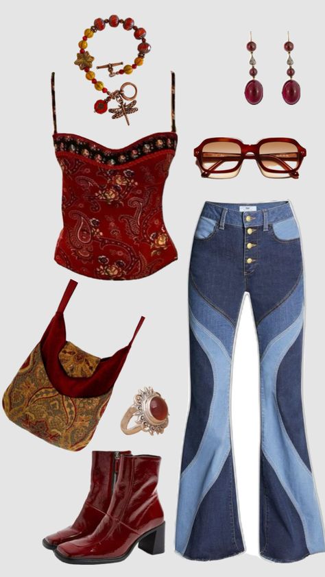 60s 70s outfit #outfitinspo #vintage #70s #60s 70s Romantic Fashion, 70s Aesthetic Costume, 70s Outfits Authentic, 70s Fashion Orange, Gogo Outfit 70s, 70s Glam Fashion Vintage, Flare Jeans Outfit 70s Style, Aesthetic 60s Outfit, Groovy Concert Outfit