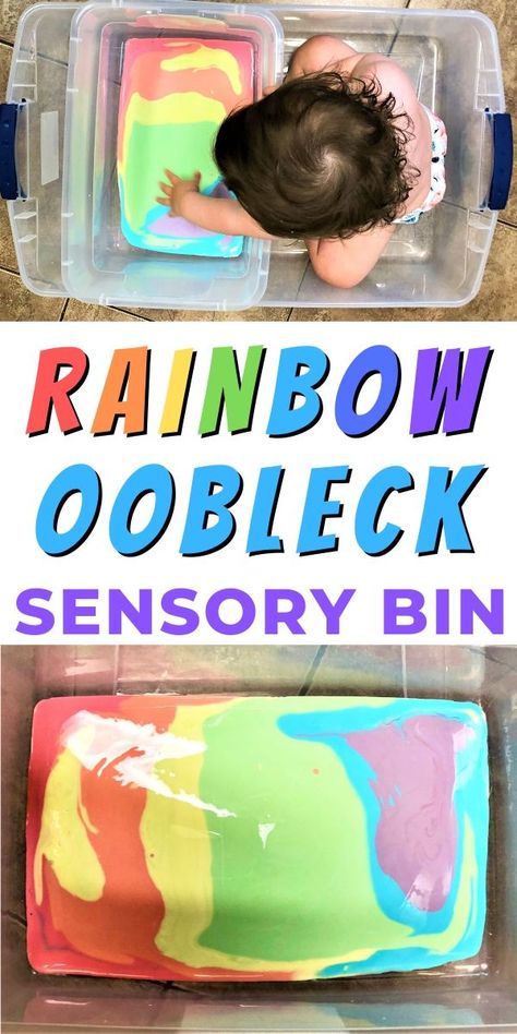 Rainbow Oobleck: A Colourful Sensory Activity - The Play Based Mom Rainbow Oobleck, Magic Mud, Toddler Sensory Bins, School Age Activities, Rainbow Activities, Baby Sensory Play, Sensory Crafts, Sensory Activities Toddlers, Sensory Activity