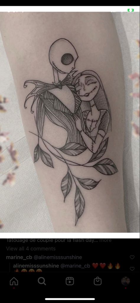 Tattoo Ideas Relationships, Sally Nightmare Before Christmas Tattoo, Small Couple Tattoo Ideas, Nbc Tattoo, Small Nightmare Before Christmas Tattoo, Jack And Sally Tattoos, Tim Burton Tattoo Ideas, The Nightmare Before Christmas Tattoo, Jack And Sally Tattoo