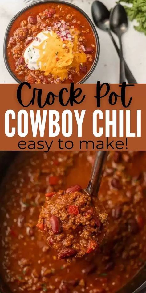 Slow Cooker Cowboy Chili, Hot Chili Recipe Crockpot, Ranch Chili Recipe, Cowboy Chili Recipe Crockpot, Ranch Style Beans Chili, Cowboy Chili Recipe Pioneer Woman, Chili Recipe With Ranch Style Beans, Cowboy Chili Crockpot, Crock Pot Chilli Recipes