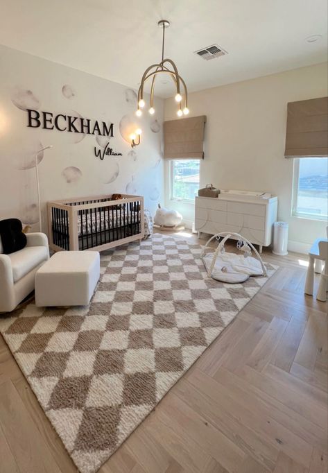 White Paneling Nursery, Black White And Tan Nursery, Black Accent Nursery, Nursery Ideas Highland Cow, Tan Nursery Ideas, Checkered Baby Nursery, Gender Neutral Nursery Farmhouse, Nursery Room Inspiration Gender Neutral, Cute Baby Rooms