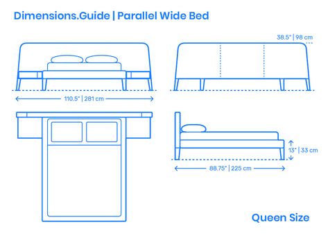 The Parallel Wide Bed is a standard bed with a headboard shape resembling a trapezium. There are built-in side tables attached beside the bed and drawers underneath for extra storage. The Parallel Wide Bed has an overall height of 38.5” (98 cm), and is manufactured with various widths that range between 110.5”-126” (281 -320 cm), and lengths from 88.75”-92.5” (225-235 cm). The platform height of the Parallel Wide Bed is set at 13” (33 cm). Downloads online #beds #bedroom #furniture #home Bed Standard Dimensions, Bedroom Furniture Dimensions Standard, Bed Side Table Dimensions, Bed Height Standard, Bed Dimensions Cm, Bedroom Dimensions Layout, Furniture Dimensions Standard, Side Table Dimensions, Side Table Height