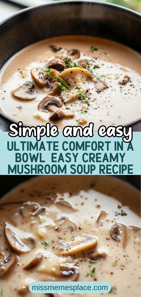 Dive into the ultimate comfort food with this easy creamy mushroom soup recipe that will warm your soul. Made from a medley of sautéed mushrooms, aromatic garlic, and rich heavy cream, this dish is perfect for chilly evenings. Whether you’re a seasoned chef or a kitchen novice, this simple recipe is adaptable to suit your taste. Add a sprinkle of fresh herbs or a dash of your favorite spices for an extra flavor kick. Perfect as a cozy meal or a delightful appetizer! Soups With Cream Of Mushroom, Cream Of Mushroom Soup Recipes Easy, How To Make Mushroom Soup, Mushroom Bacon Soup, Best Cream Of Mushroom Soup Recipes, Mellow Mushroom Soup Copycat, Spicy Mushroom Soup, Healthy Cream Of Mushroom Soup, Best Mushroom Soup Recipes