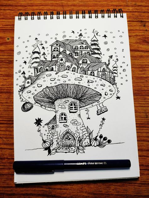 Floating Mushroom Drawing, Fairyland Drawing, Mushroom Doodle Art, Fairy Land Drawing, Mushroom Doodle, Black Pen Drawing, Fairy Drawing, Fairy Drawings, Mushroom Drawing