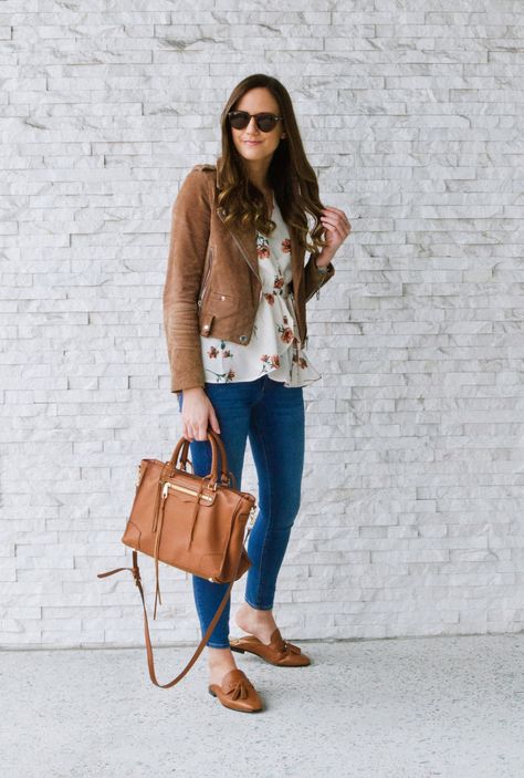 Backless Tassel Loafer. Cognac loafers outfit. Brown leather mules. Floral top and denim outfit. Regan Satchel. Spring style. Spring shoes. Brown suede jacket and floral. Brown Leather Mules Outfit, Brown Suede Mules Outfit, Brown Mules Outfit Work, Cognac Loafers Outfit, Cognac Mules Outfit, Brown Mule Outfit, Brown Leather Shoes Outfit, Backless Loafers Outfit, Cognac Shoes Outfit