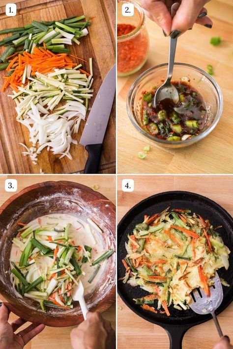 Korean Food Recipes Diet, Asian Leek Recipes, Korean Scallion Pancake Recipe, Jeon Recipe Korean Style, Korean Veggie Sides, Korean Healthy Food Recipe, South Korean Food Recipes Easy, Quick Korean Recipes, Korean Zucchini Side Dishes