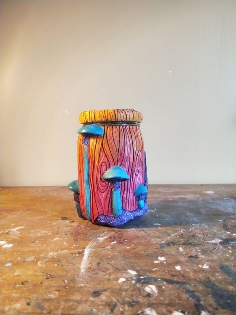 Clay Mushroom Stash Jar, Air Dry Clay Stash Jar, Stash Jar Ideas Diy Polymer Clay, Air Dry Clay Jar Ideas, Polymer Clay Stash Jar, Trippy Clay Art, Air Dry Clay Jar, Air Dry Clay Mug, Clay Jar Ideas