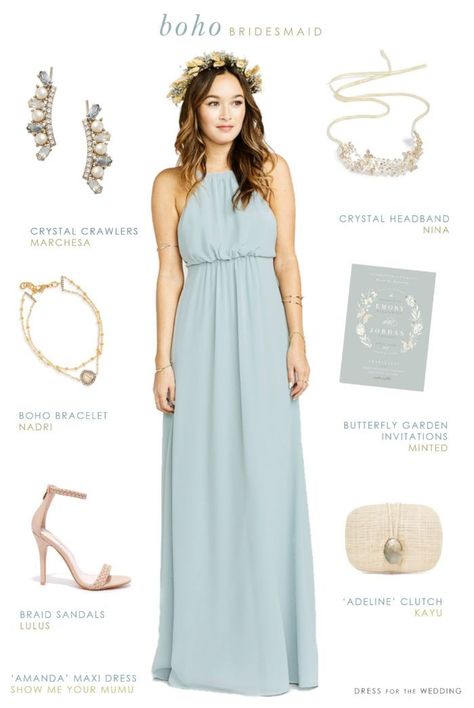 Boho Bridesmaid Dress in a dusty blue chiffon with accessories. Boho Bridesmaid Dresses, Steel Blue Bridesmaid Dresses, Dress For The Wedding, Bohemian Bridesmaid Dress, Light Blue Bridesmaid Dresses, Bohemian Bridesmaid, Modern Bridesmaid Dresses, Lavender Bridesmaid Dresses, Lilac Bridesmaid Dresses