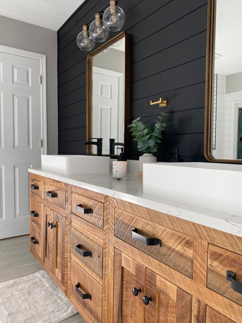 Carter Master Bath — Bella Via Design 2 Separate Vanity Master Bath, Bathroom Stained Cabinets Master Bath, Bathroom Mood Board Master Bath, Bathroom Design Black And Wood, Wood Cabinets Master Bath, Black Farmhouse Master Bath, 78 Inch Bathroom Vanity, Farmhouse Bathrooms Modern, Wood Vanity Countertop Bathroom