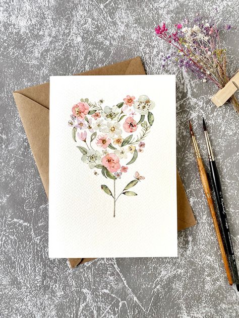 Birthday Card Handmade, Painting Birthday, Hand Painted Card, Card Watercolor, Heart Card, Watercolor Greeting Cards, Paint Cards, Handmade Heart, Floral Heart