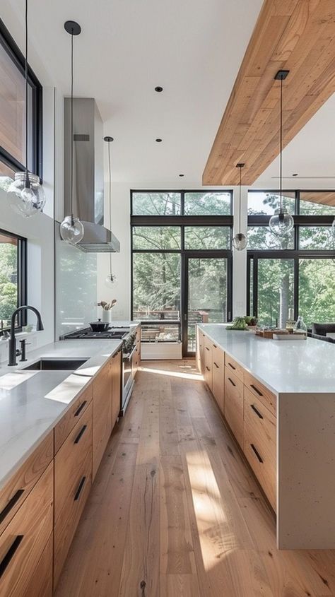 Modern Kitchen With Wood Accents, Interior Design Kitchen Minimalist, Mediterranean Minimalist Kitchen, Eco House Kitchen, Clean Interior Aesthetic, Chalet Kitchen Modern, Kitchen In Center Of House, Rustic And Modern Kitchen, Modern Pnw Home