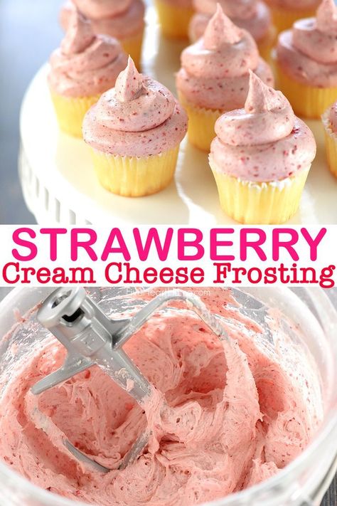 How To Make Strawberry Cream Cheese Frosting, Strawberry Cream Cheese Filling For Cake, Cupcake Creme, Strawberry Cream Cheese Icing, Strawberry Cream Cheese Filling, Shortcake Cupcakes, Strawberry Cream Cheese Frosting, Whipped Cream Cheese Frosting, Icing Recipes