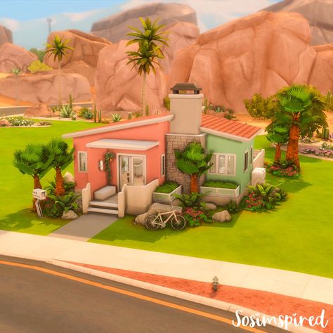 Oasis House Sims 4, Sims 4 Themed Rooms, Sims House Oasis Springs, Sims 4 Houses Desert, Sims 4 Tiny Home Ideas, Small Homes Sims 4, Sims 4 Oasis Springs Starter Home, Sims 4 Oasis Springs Tiny House, Sims 4 Oasis Springs Renovation