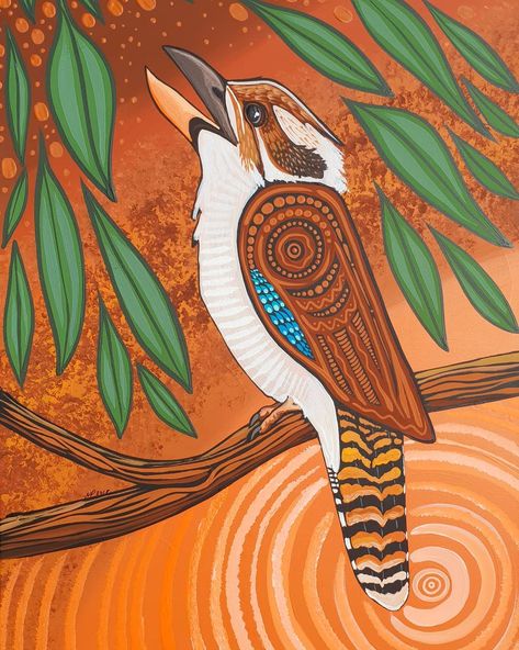 Iluka Art & Design on Instagram: “"Amongst the Gumleaves"  Laughing Kookaburra perched in the Gumtree #australianbirds #birdart #kookaburra #laughing #gumleaves #gumleaves…” Aboriginal Art Australian, Laughing Kookaburra, Kangaroo Art, Indigenous Australian Art, Aboriginal Dot Art, Australian History, Aboriginal Artwork, Aboriginal Artists, Australian Birds