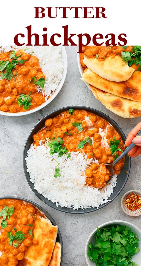 Garbanzo Bean Curry Recipes, Chickpea Bean Recipes, Garbanzo Bean Recipes Indian Chickpea Curry, Butter Chickpea Recipe, Indian Food Chickpeas, Butter Curry Vegetarian, Spicy Garbanzo Beans, Indian Butter Chickpeas, Lentil Butter Chicken