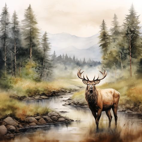 "Enjoy this watercolor print canvas wall art.  This is a beautiful piece that brings the wonder of nature right into your space.  Picture a majestic elk in its natural forest setting on a foggy morning.  The canvas is top-notch, and the printing makes sure every little detail, from the elk's impressive antlers to the foggy forest background, looks just right.  This is a classic choice for any home or office, giving your space a touch of wild beauty and peace. It's a special piece that will inspire you every time you look at it. The canvas has been printed using UL Ecologo and UL Greenguard Gold Certified 1 water based HP latex inks. The print is fade and water resistant and appears vivid and vibrant on semi-gloss material. A sawtooth hook has been added to easily hang your canvas on a wall Elk Watercolor, Elk Art, Watercolor Animal Art, Elk Pictures, Hunting Painting, Forest Setting, Natural Forest, Painting Animals, Barn Painting