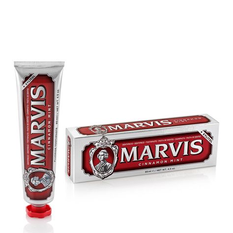 This rich, creamy toothpaste with its distinct tingling sensation combines the exotic sweetness of Cinnamon with the refreshing taste of mint to give a surprising and long-lasting taste sensation. The formula helps prevent tooth decay, fights tartar and plaque and keeps breath fresh all day long. And not only does MARVIS Cinnamon Mint Toothpaste clean and protect teeth, and taste terrific but it even looks great in its luxuriously colourful tube with elegantly sculpted cap. Italian Toothpaste, Toothpaste Design, Cleaning Ritual, Marvis Toothpaste, Toothpaste Brands, Mint Toothpaste, Pasta Dental, Cinnamon Flavor, Sodium Lauryl Sulfate