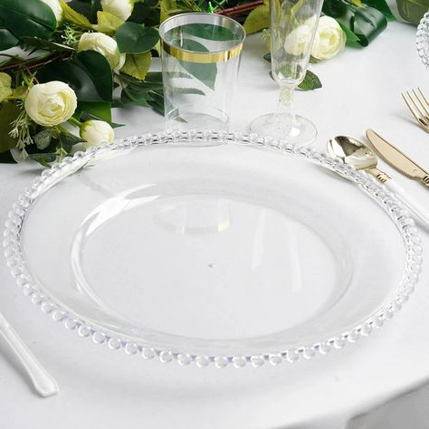 Acrylic Charger Plates, Wedding Chargers, Dinnerware | Efavormart Acrylic Charger Plates, Pipe And Drape Backdrop, Glass Charger Plates, Clear Plates, Pipe And Drape, Acrylic Plastic, Charger Plates, Beaded Trim, Event Catering