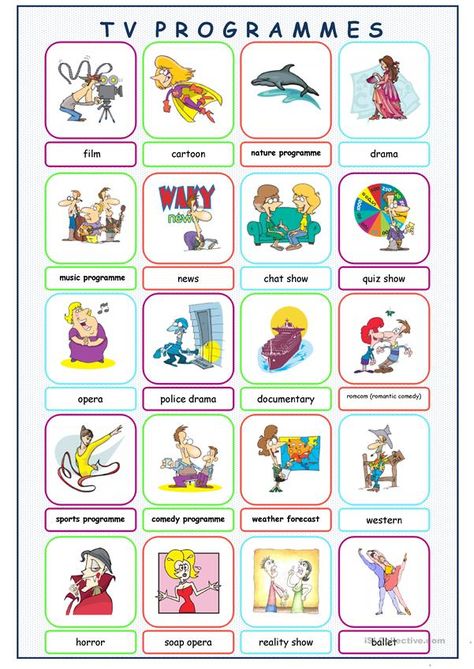 TV Programmes Picture Dictionary - English ESL Worksheets for distance learning and physical classrooms Vocabulary Practice, Middle School Esl, English Street, Reading Comprehension Kindergarten, English Projects, Pub Quiz, Picture Dictionary, Action Verbs, English Activities