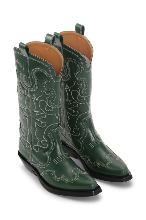 Mid Shaft Embroidered Western Boots | GANNI US Jeans Boots, Cuban Heels, Shop Clothing, Clothing Dresses, Kelly Green, Embroidered Design, Shoe Game, Western Boots, Jeans And Boots