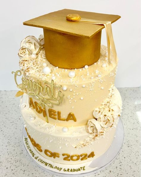 🎓💖 Congratulations, Adiela! 💖🎓 We’re celebrating a double milestone—high school AND cosmetology graduation! 🎉✨ This elegant buttercream tier cake, dressed in shades of white, cream, and gold, is the perfect way to mark the occasion. Topped with a stunning fondant gold hat, adorned with delicate buttercream florals and pearls, this cake is as beautiful as it is delicious! 🌸🎂 Join us in wishing Adiela all the success in her future! 💫. Come, fill your life with Sweet Goodness! 🌸✨ 🕒 Hours: Tue... Cosmetology Graduation, Gold Hat, Gold Hats, Tier Cake, Shades Of White, Cream And Gold, Tiered Cakes, Cosmetology, White Cream