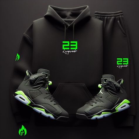 Looking for the ultimate combination of comfort, style, and sneaker culture? Look no further than our athleisure "23 Legend" Black Sneaker Sweatsuit To Match Air Jordan Retro 6 Electric Green colorways! This two-piece hoodie and joggers set is designed to perfectly match the colorway of the iconic Air Jordan 6 sneakers, and features a bold "23 Legend" graphic on the front in bold and striking neon green color.So why wait? Order now and step up your style game with our exclusive "23 Legend" sneakerhead Sweatsuit To Match Air Jordan 6 Retro's black and neon green colorways. With fast shipping times, hassle-free returns, and unbeatable customer service. Check out our SneakerThreads Blog for all things sneaker culture, created by sneakerheads for sneakerheads! PREMIUM HOODIE MATERIAL Cotton 80