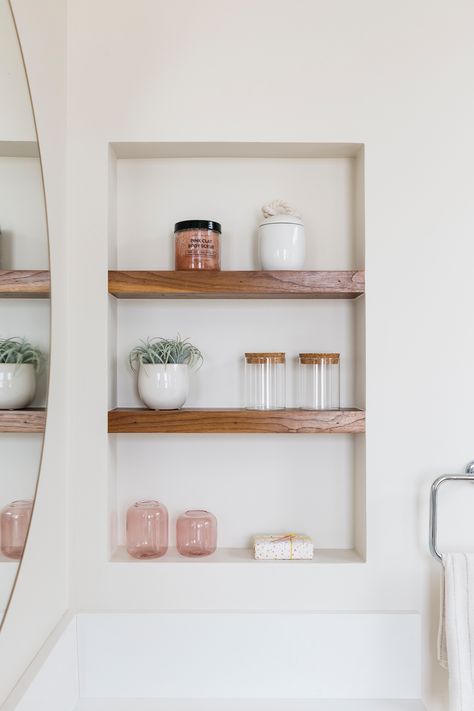 Recessed Shelves Bathroom, Bathroom Closet Organization Ideas, Medicine Cabinet Makeover, Medicine Cabinet Shelves, House California, Bathroom Niche, Bathroom Closet Organization, Recessed Shelves, Recessed Medicine Cabinet