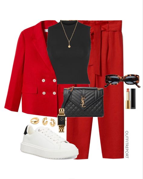 Red And Black Outfits For Women Casual, How To Style A Red Blazer, Red Formal Outfit, Red Outfit Women, Red Blazer Outfit Casual, Red Outfits Black Women, Red Casual Outfit, Red Outfit Casual, Black And Red Outfit