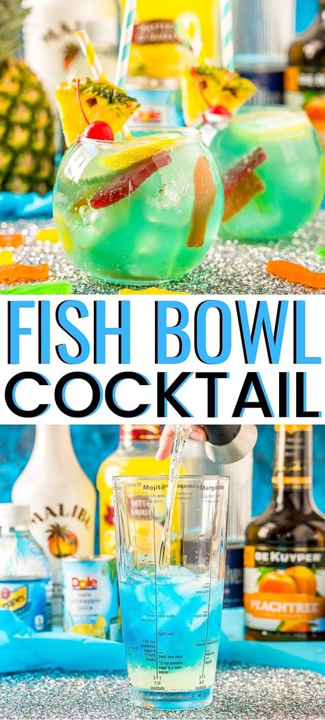 Fish Bowl Alcohol Drink, Alcohol Fish Bowl, Best Fruity Alcoholic Drinks, Mixed Drink For Party, Fish Bowls Drink, Fruity Alcohol Drinks For A Party, Fish Bowl Drink Ideas, Fruity Mixed Drinks Alcohol, Fish Bowl Cocktails