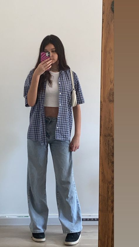 Checkered Button Up Shirt Outfit, Blue Checkered Shirt Outfit, Checkered Top Outfit, Checkered Shirt Outfit, Silly Outfits, Checked Shirt Outfit, Granola Girl Outfits, Blue Checkered Shirt, Shirt Outfit Summer