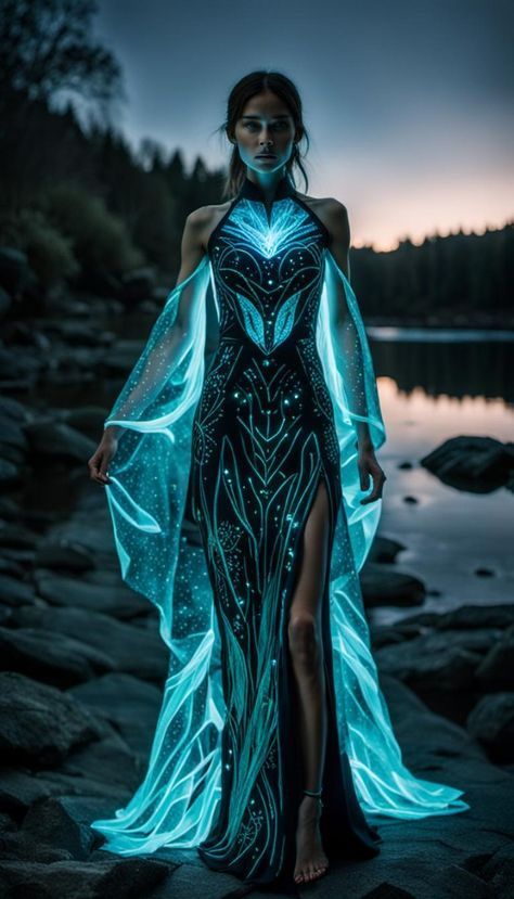 Water Outfits Aesthetic, Water Dress Aesthetic, Extragalactic Fashion, Summer Fantasy Outfit, Water Inspired Dress, Water Inspired Outfits, Futuristic Gown, Water Cosplay, Futuristic Clothes