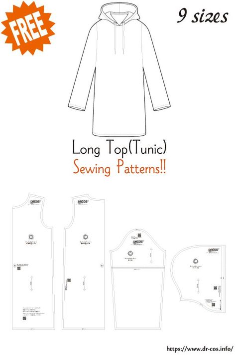 Ladies Tunic Sewing Pattern Free, Tunic Sewing Patterns Free For Women, Simple Tunic Pattern Free, Long Shirt Pattern, Lounge Wear Sewing Patterns, Long Dress Pattern Sewing, Diy Lounge Wear, Free Tunic Sewing Pattern, Tunic Sewing Pattern Free