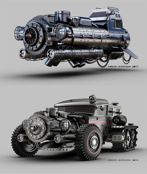 Take a look at these two awesome looking steampunk (or possibly dieselpunk) vehicles! Illustration by  Jomar Machado, http://machadoj.cgsociety.org/art/mad-3dmax-max-hdr-retro-light-future-studio-hover-photoshop-space-transport-ship-war-battle-hot-rod-bike-up-or-down-steam-vehicles-17747684 Jomar Machado, Vehicles Illustration, Fantasy Vehicles, Dieselpunk Vehicles, Steampunk Vehicle, Concept Car Design, Army Vehicles, Steampunk Art, Futuristic Cars