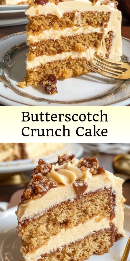 "Indulge in Butterscotch Bliss with this Crunch Cake Recipe! Perfect for any gathering, this moist cake with butterscotch frosting and a crunchy topping will leave your guests wanting more. #ButterscotchCake #DessertLovers #BakingFun" Butterscotch Frosting, Crunch Cake Recipe, Butterscotch Desserts, Butterscotch Recipes, Butterscotch Pie, Butterscotch Cake, Layered Cakes, Crunch Cake, Sweet Treats Desserts