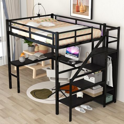 Diy Loft Bed For Adults, Adult Loft Bed, Full Loft Bed, Full Size Loft Bed, Storage Stairs, Loft Bed With Desk, Cozy Loft, Loft Bed Frame, Bed With Desk