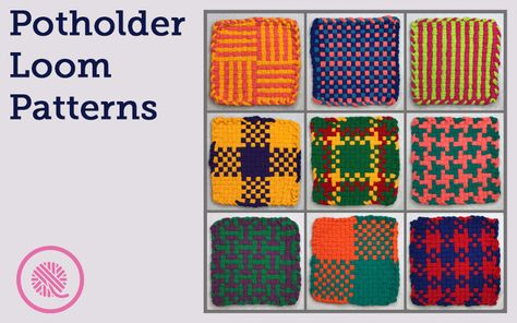 Weave these bright, beautiful potholders on any large potholder loom. I've designed 9 woven hot pad patterns just for you. Quick and easy craft for kids! Weaving Pot Holders, Weave Loom Patterns, Weaving Pot Holders Loom Patterns, Loop Loom Projects, Pro Loom Potholders, Loom Weave Patterns, Pot Holder Loom Projects, Loop Potholder Patterns Free, Loop Loom Patterns Pot Holders