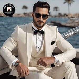 Cream Suits For Men, Groom Suit White, Trending Suits, Men's Tuxedo Wedding, Groom Tuxedo Wedding, Groom Suspenders, Designer Tuxedo, Ivory Suit, White Tux