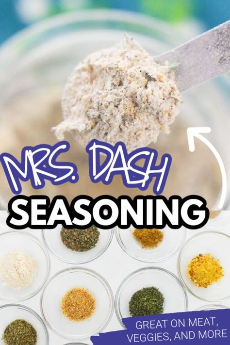 Mrs. Dash seasoning is a salt free blend of garlic and herbs. Use this Mrs Dash substitute on vegetables or meat for all your cooking needs. This salt free seasoning blend is one we keep on hand all the time. A pantry basic you will enjoy having. #saltfree #mrsdash #msdash #garlicherb #seasoning #homemade #fromscratch #pantry #dashseasoning #recipe #easy #5minute Diy Mrs Dash Garlic And Herb Seasoning, Mrs Dash Table Blend Recipe, Homemade Salt Free Seasonings, Mrs Dash Recipes, Salt Free Seasoning Blends, Mrs Dash Seasoning, Diy Seasonings, Dash Recipe, Salt Substitute