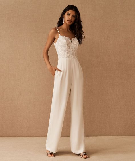 13 Best Wedding Jumpsuits 2021: Modern Bridal Jumpsuits Wedding Romper, White Jumpsuit Wedding, Wedding Dress Jumpsuit, White Jumpsuits, Bride Jumpsuit, Spaghetti Strap Wedding Dress, Bridal Jumpsuit, Hayley Paige, Wedding Jumpsuit