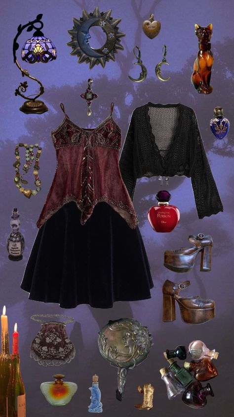 whimsigoth outfit 🦇🕯️🌛 #outfitinspo #vintage #whimsigoth #whimsical #whimsigothic #whimsigothaesthetic #witch #witchy #vibes #beauty #fitinspo #outfitideas #falloutfit #witchyaesthetic #moon Whimsigoth 90s, Black Crochet Cardigan, Black Velvet Mini Skirt, Whimsigoth Aesthetic, Witchy Outfits, Hand Held Mirror, Emo Style, Fairy Outfit, Velvet Mini Skirt