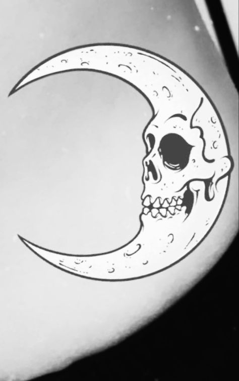 Moon Skull Tattoo Design, Skull Moon Art, Skull In Moon Tattoo, Skull Crescent Moon, Skull Moon Tattoo Traditional, Star Skull Tattoo, Moon Skull Drawing, Skull Moon Tattoo, Simple Goth Tattoos