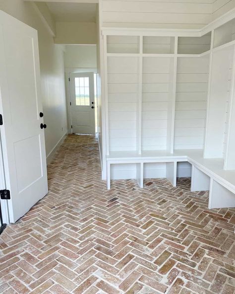 34 Herringbone Flooring That Will Tile a Path to Your Heart Red Floor Tiles, Brick Floors Mudroom, Brick Tiles Bathroom, Brick Herringbone Floor, Red Brick Tiles, Herringbone Tile Bathroom, Herringbone Brick Floor, White Shiplap Walls, Marsh House