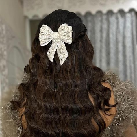 Classic waves with BLINGY-EST BOW✨🎀 >>> Grab yours today!! (we also have colors in this bow😉) (#iamdrama #hairdrama #bowgate #bowgate2024 Hair Bows, Crystals, Hair Accessories) Wedding Hair Looks, Dance Competition Hair, Competition Hair, Diamond Hair, Bow Barrette, Hair Coils, Diamond Bows, Holiday Glam, Half Updo