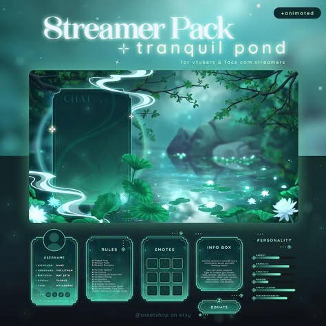 Tranquil Pond Stream Pack Animated Aesthetic Blue Green Water Themed Twitch Overlay Chat Widget Vtuber Fantasy Lotus Lilypad - Etsy Streaming Layout, Animated Aesthetic, Vtuber Overlay, Chat Widget, Twitch Streaming Setup, Twitch Streaming, Frames Png, Streaming Setup, Event Bar